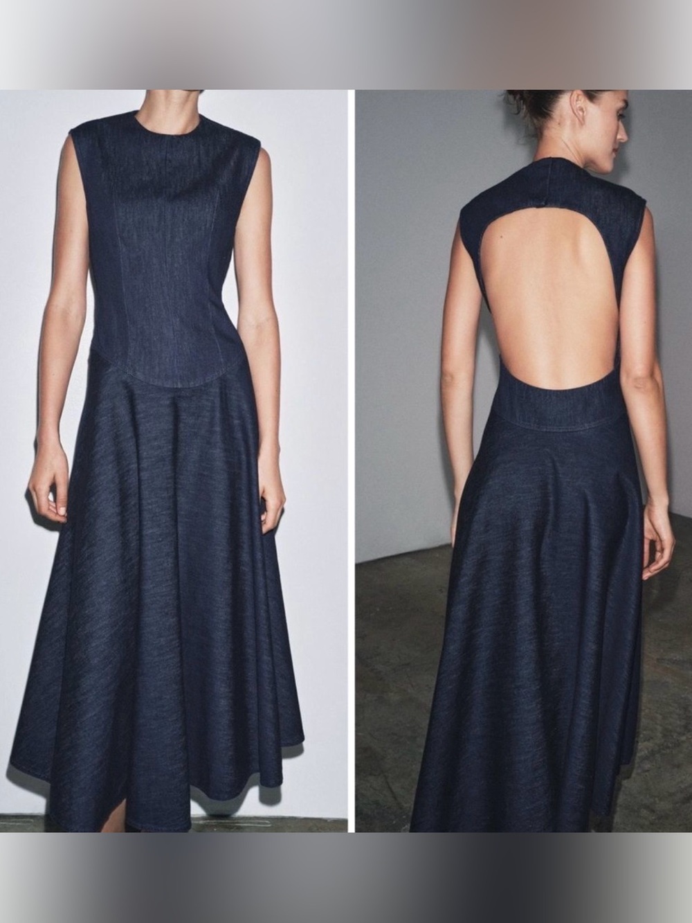 Zara ZW Collection NWT Sleeveless Denim Drop Waist Open Back Midi Maxi Dress